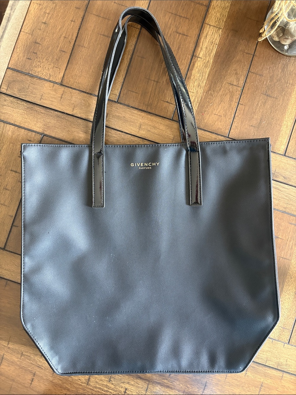 Givenchy Parfums Black Leather Tote with Patent Strap Accents